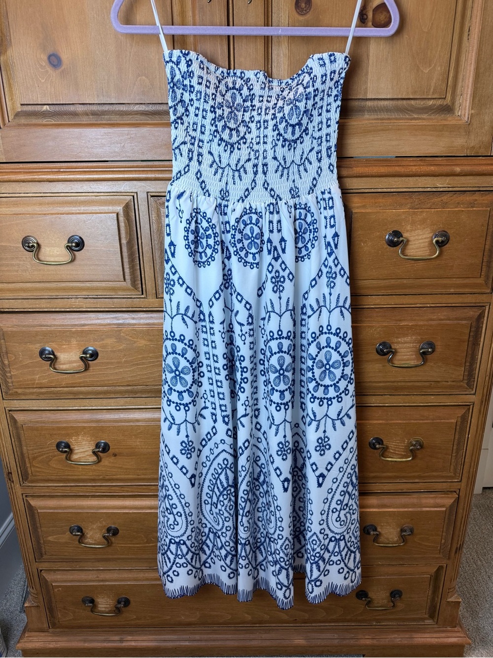 NWT Commense Smocked Strapless Maxi Dress in White and Blue